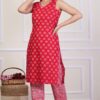 Blue floral printed Straight 2-Piece Collection - Kurti & Pant - Cotton - Red