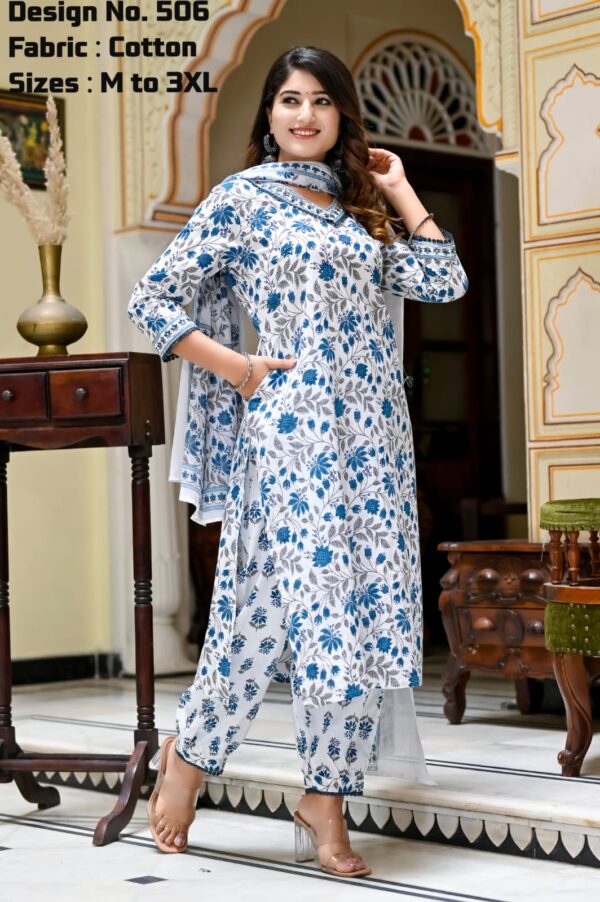 Mustard blue Floral Printed Kurta with Trouser & Dupatta 3-Piece Cotton Kurta Set